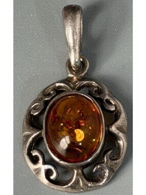 Vintage Baltic Amber Pendant Sterling Silver Oval Amber Scroll Setting